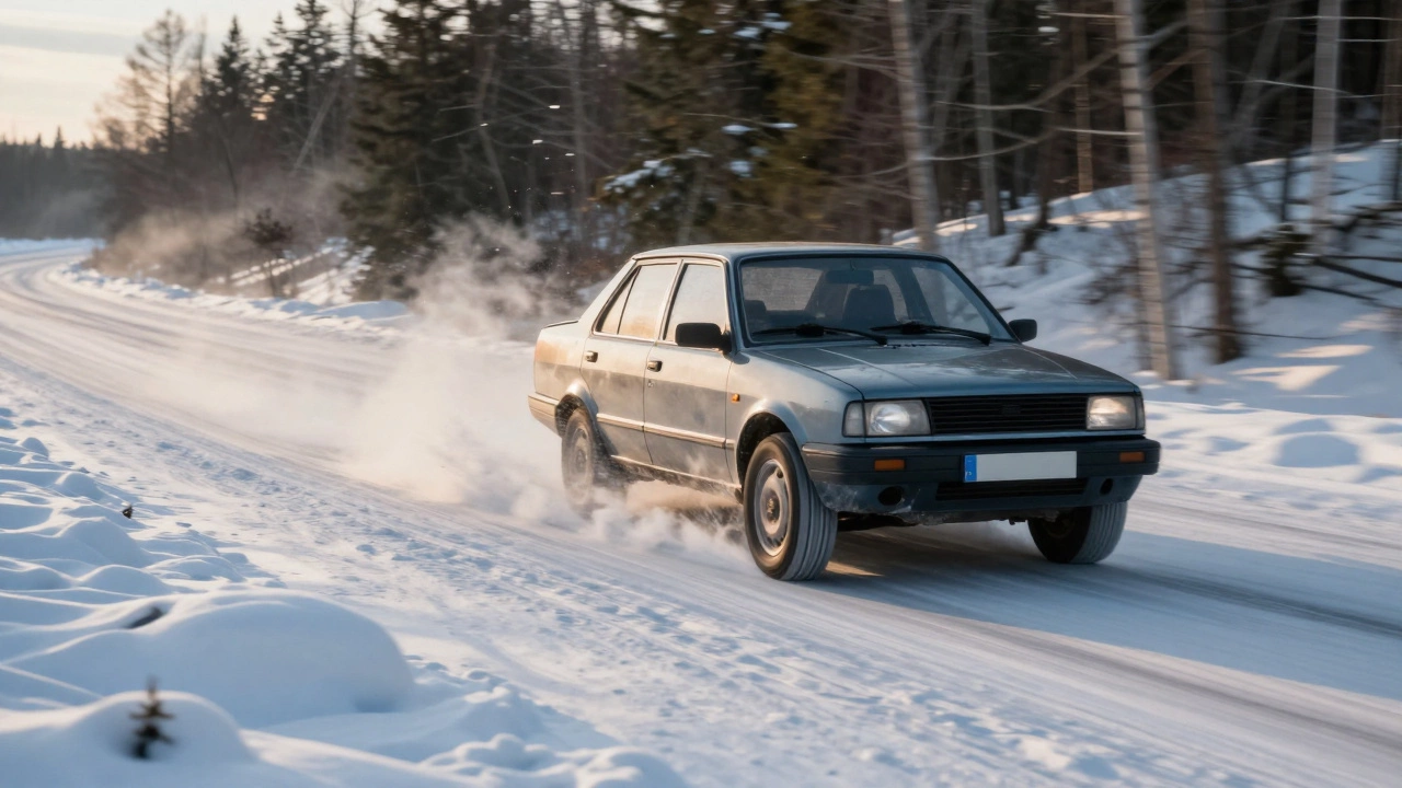 Автомобиль на снежной трассе в момент обгона на подъеме