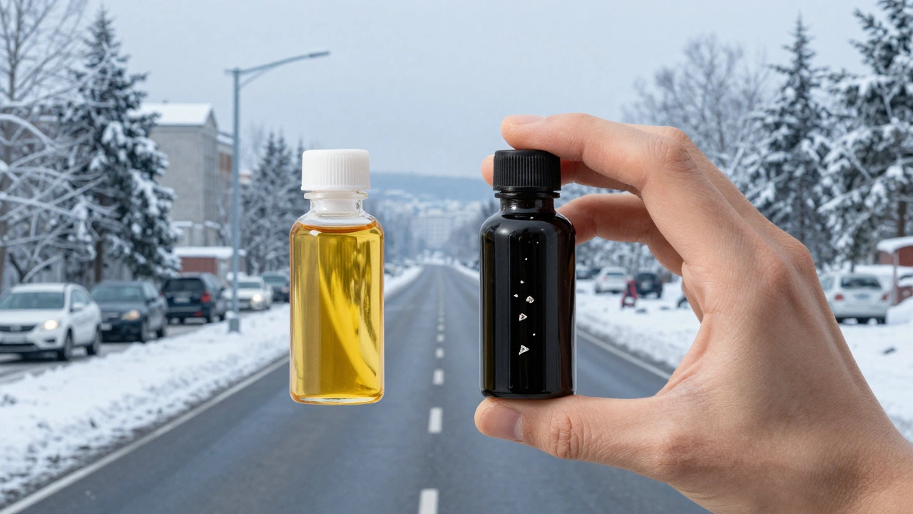 Два флакона: чистое масло и густая смола с металлической стружкой на фоне городской дороги.
