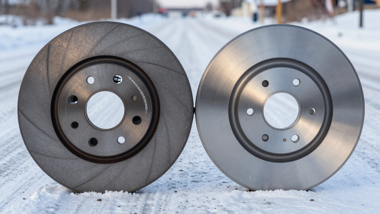 Два тормозных ротора Raybestos: стандартный и Element3 — на снежной дороге, видна разница в обработке поверхности.