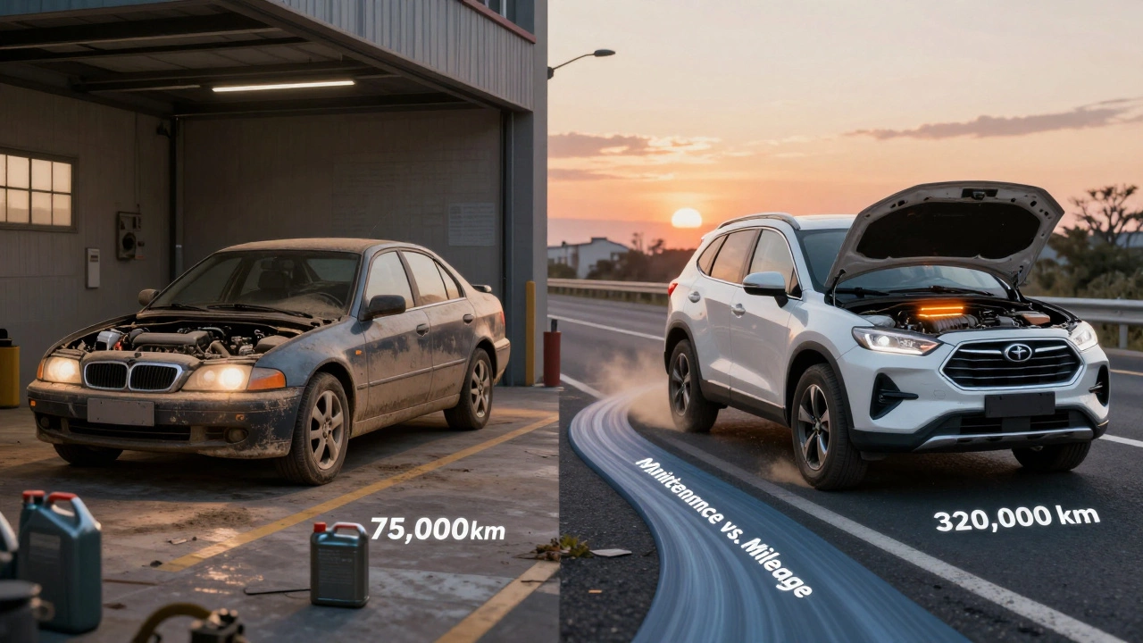 Две машины: одна с низким пробегом в городе, другая с высоким на трассе — символ обслуживания против километров.