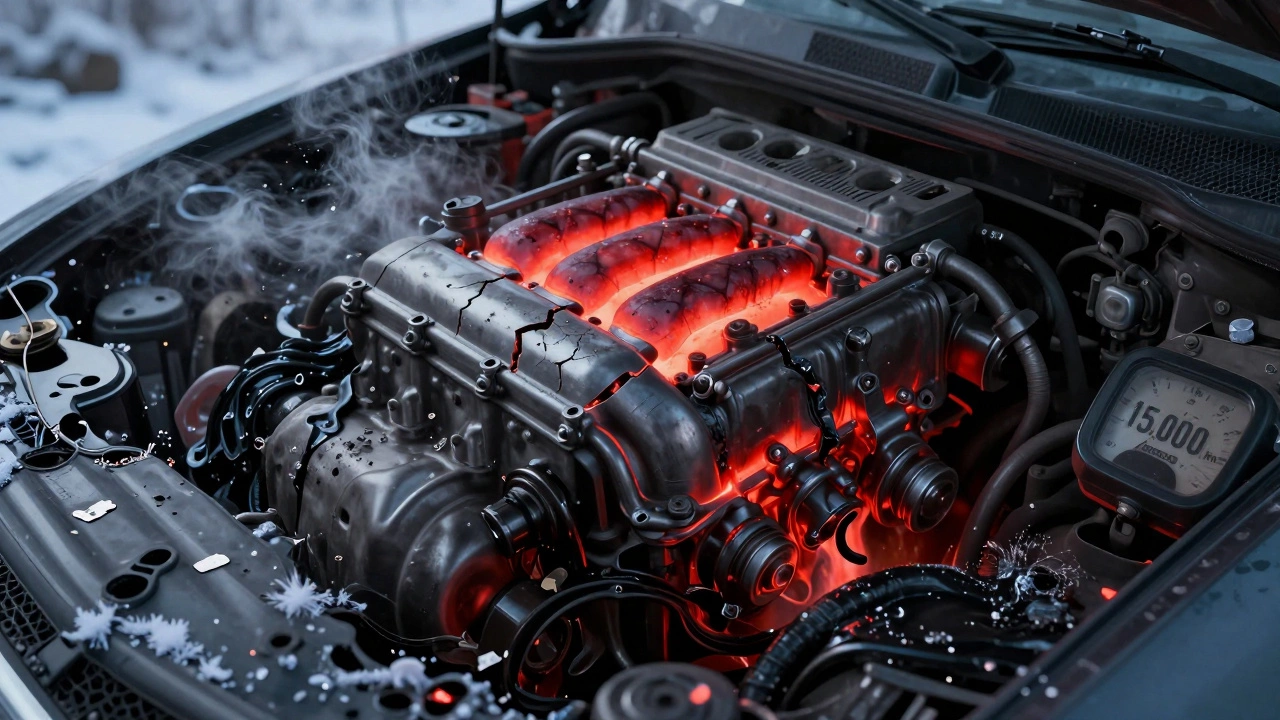 Двигатель с треснувшими масляными каналами и чёрной грязью, окружённый зимним холодом.