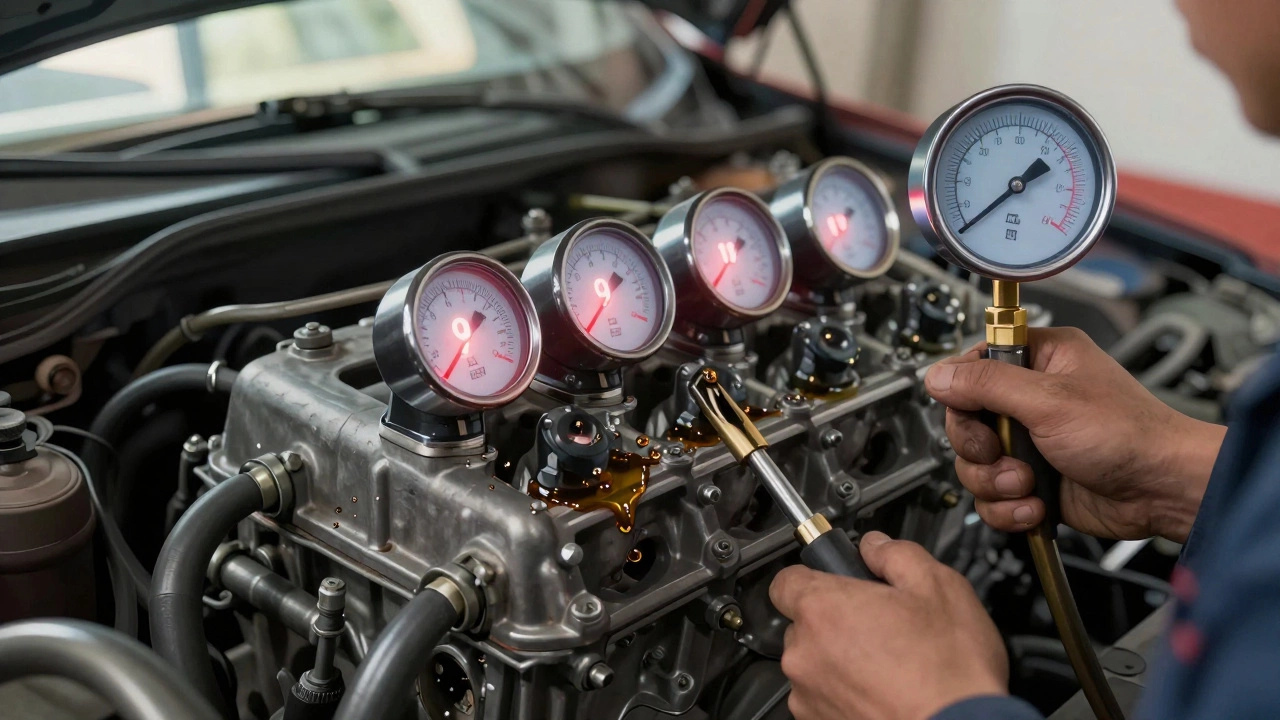 Механик измеряет компрессию двигателя, на дисплее — низкие показатели, рядом — эмульсия масла и охлаждающей жидкости.