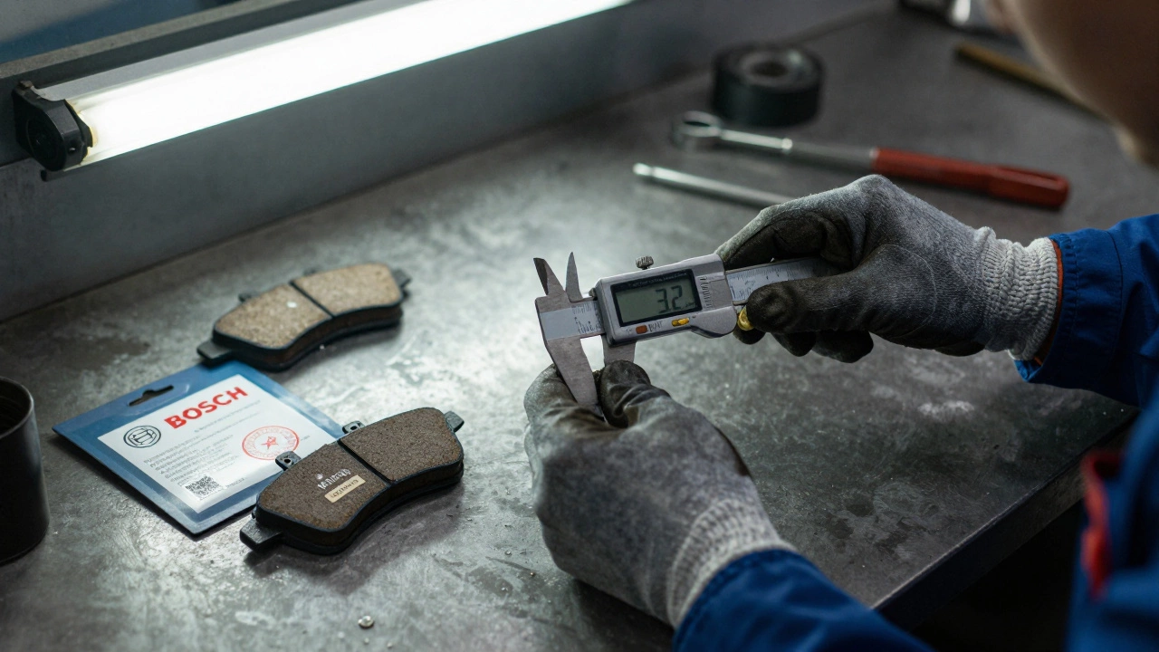 Механик измеряет толщину тормозных колодок калибром в автосервисе.