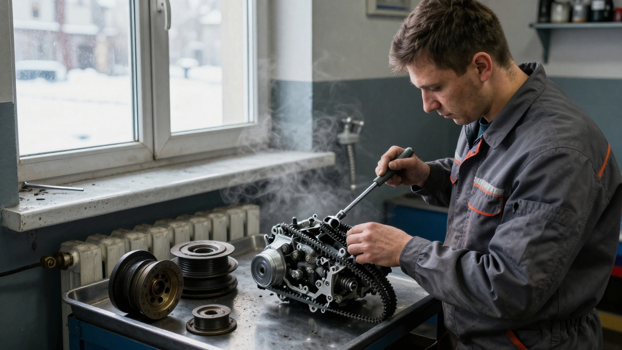 Механик в гараже в Самаре устанавливает новый ремень ГРМ с помощью динамометрического ключа.