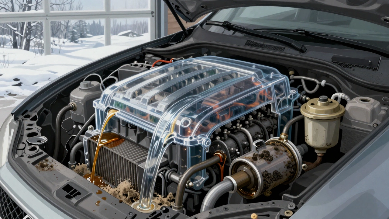 Прозрачный двигатель с чистым и загрязнённым маслом, забитыми фильтрами и засорённым клапаном PCV, символизирующий последствия пренебрежения обслуживанием.