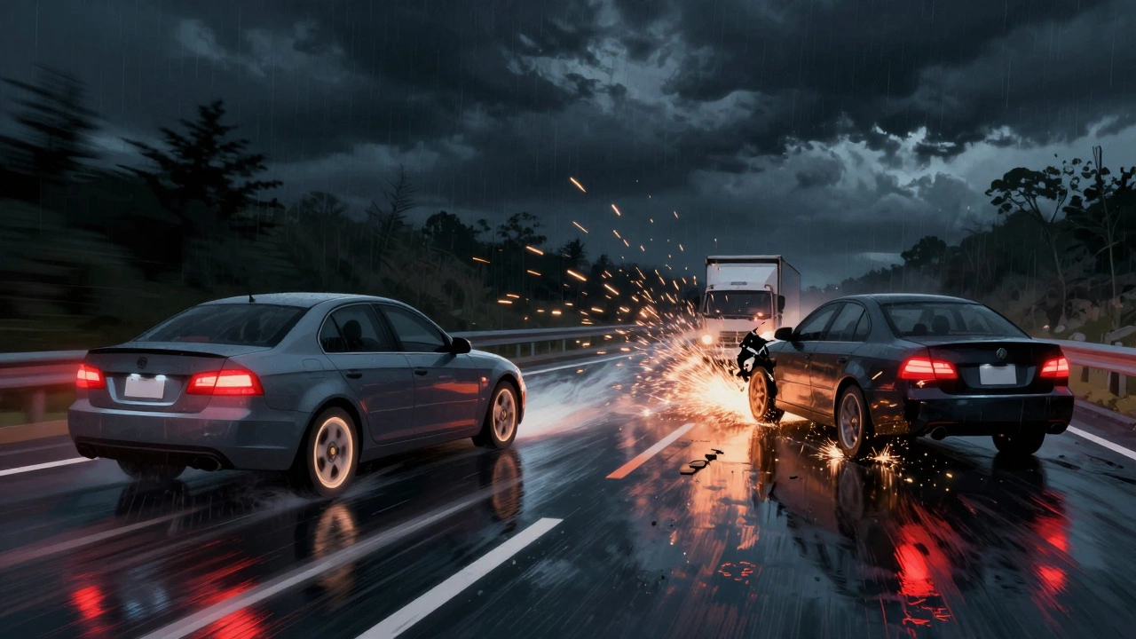 Разделённая сцена: безопасная остановка автомобиля против опасного заноса на мокрой дороге.