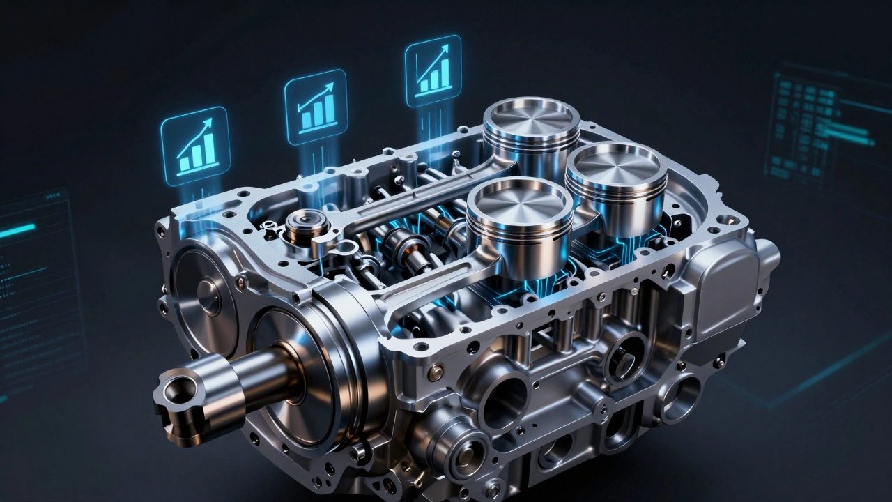 Разрез двигателя с показом усиленных деталей и символов мощности