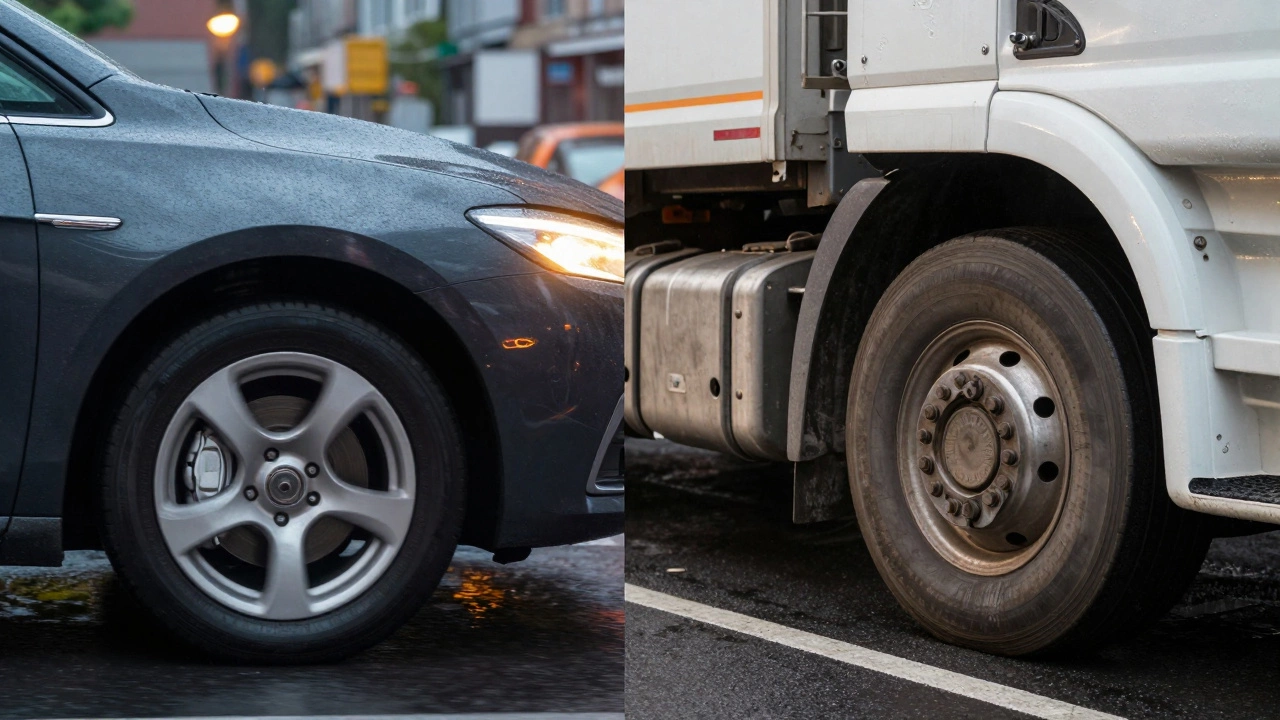 Сравнение чистых колес с керамическими колодками и загрязнённых с металлическими в городской среде.