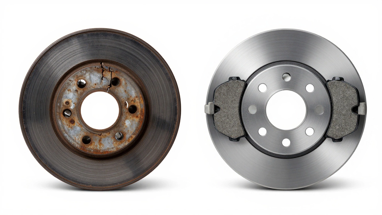 Сравнение изношенных металлических и новых керамических тормозных колодок.