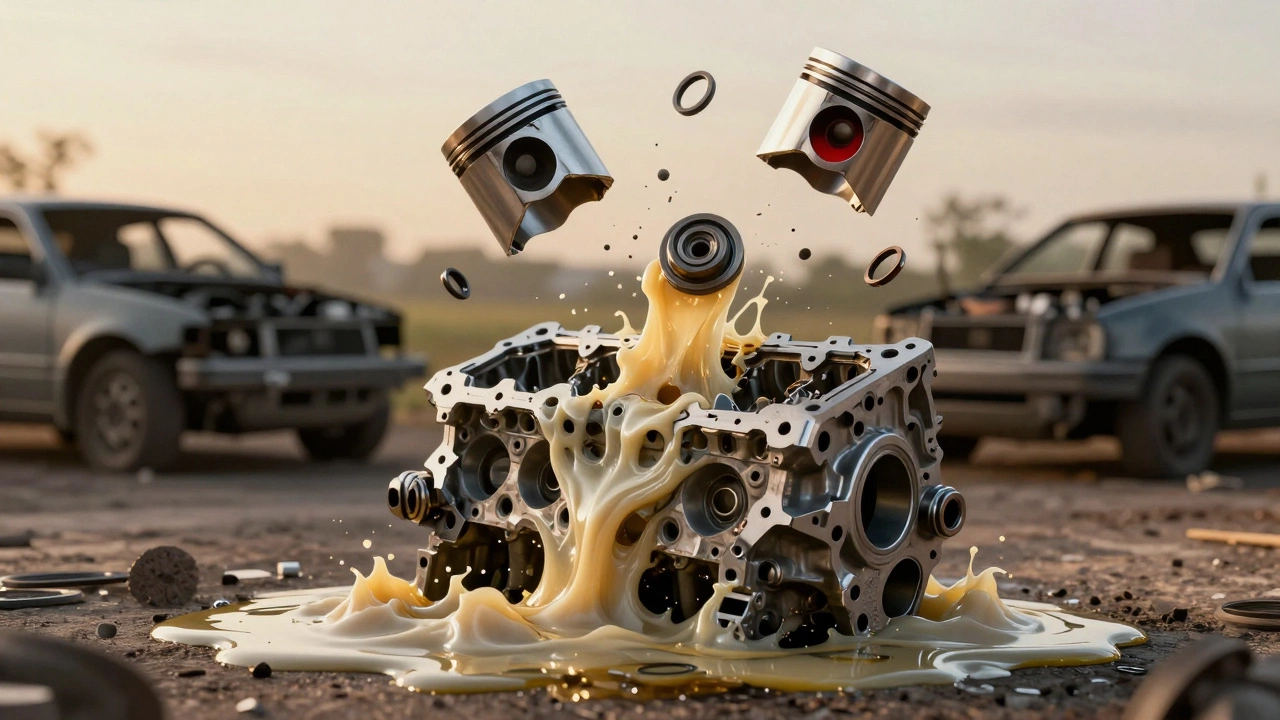 Трещина в блоке двигателя, где смешиваются масло и антифриз, вокруг — разрушенные детали, символизирующие катастрофу.
