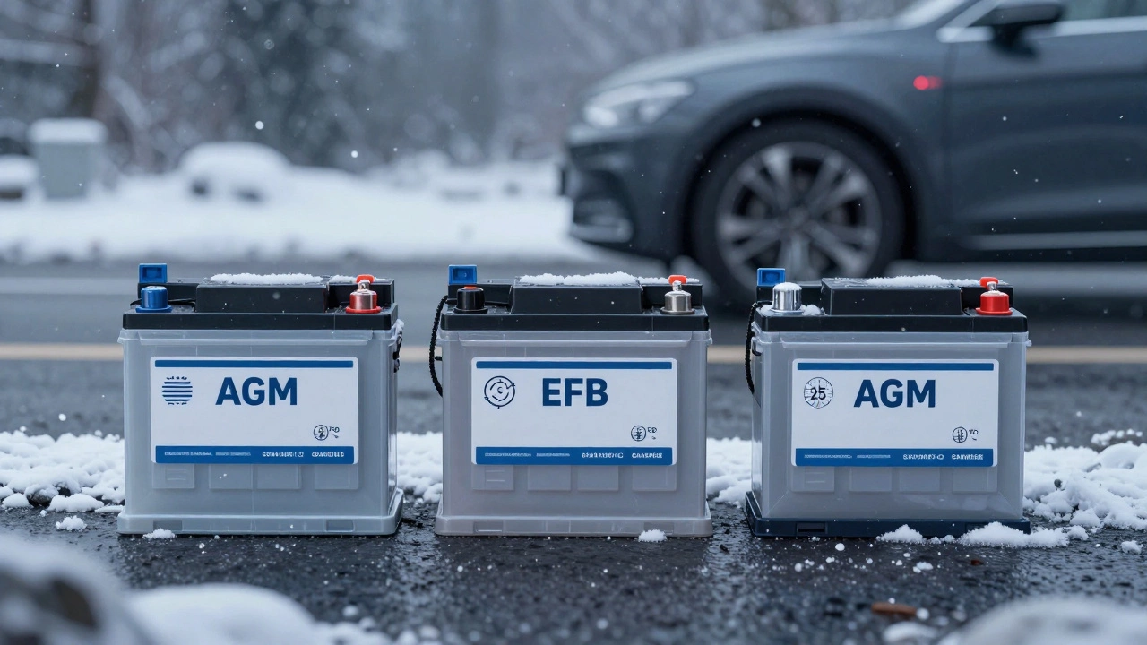 Три типа аккумуляторов на зимней дороге с указанием технических параметров.