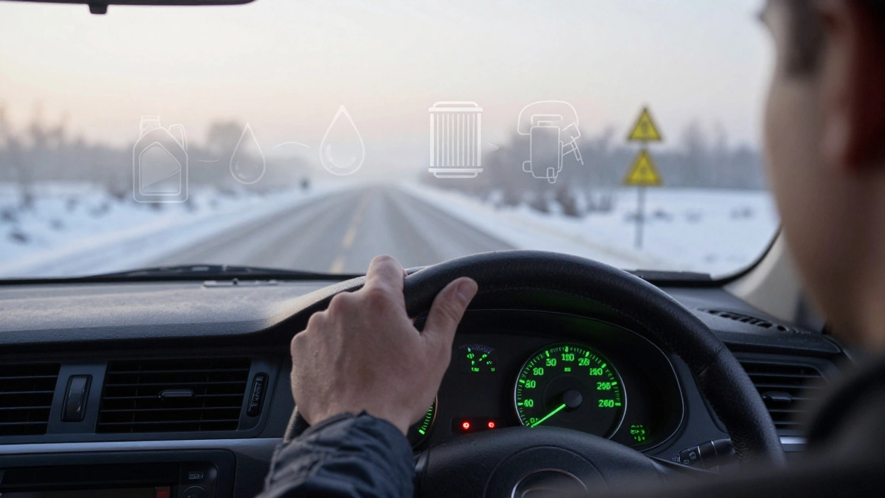 Водитель спокойно едет по заснеженной дороге утром, тахометр на 2500 об/мин, все индикаторы исправны, символизируя правильный режим эксплуатации.