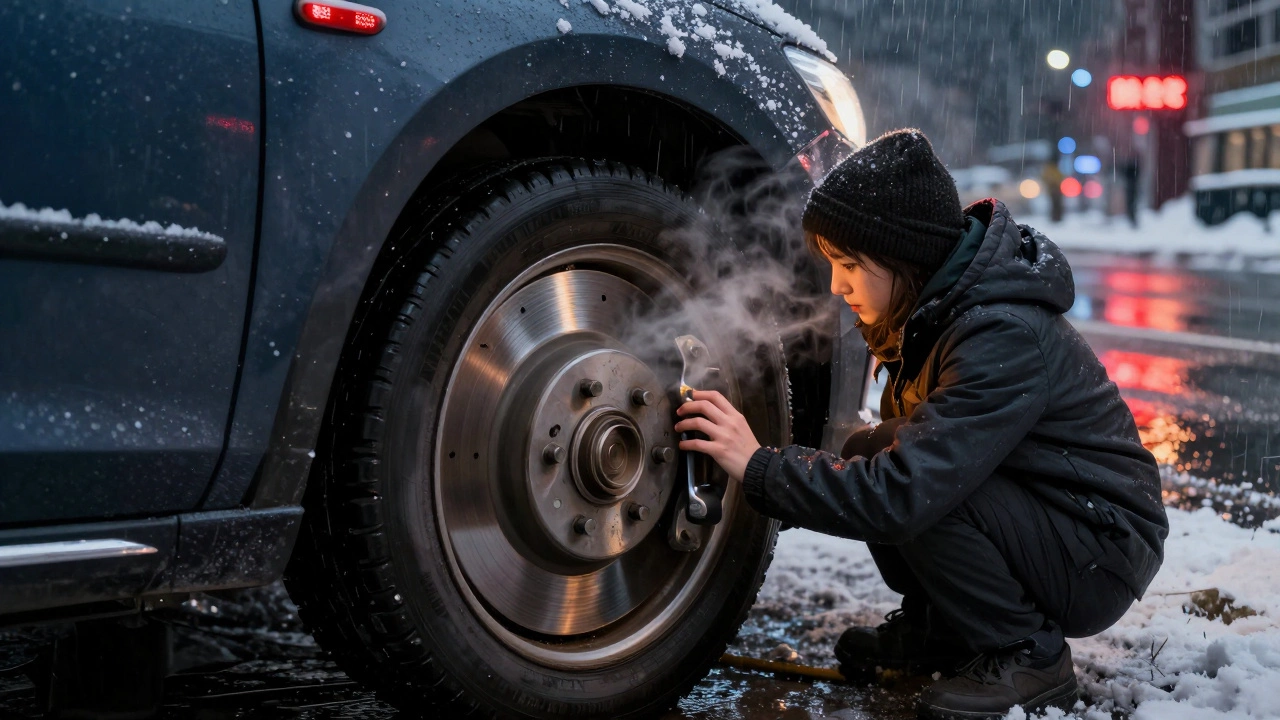 Водитель тормозит в зимнюю ночь, на приборной панели горит предупреждение о тормозах