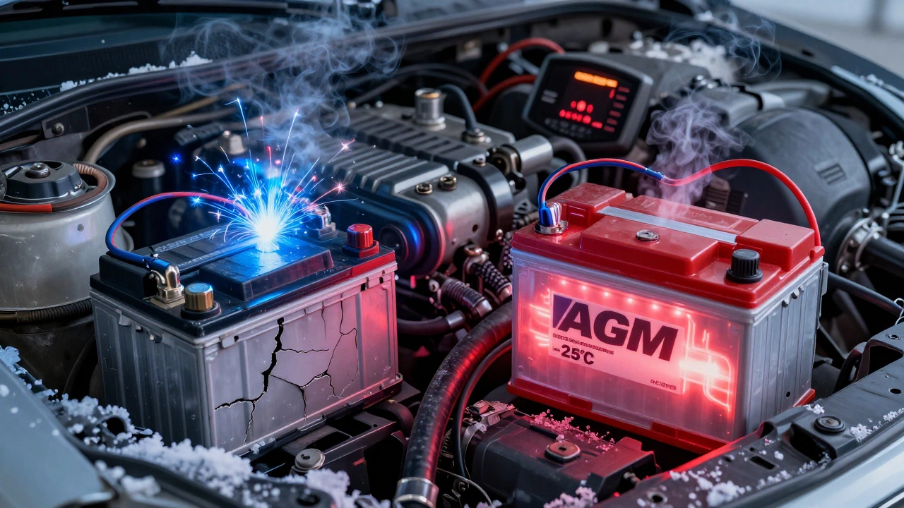 Замерзший автомобиль: старый аккумулятор не заводит двигатель, новый — передает мощный заряд при морозе -25°C.