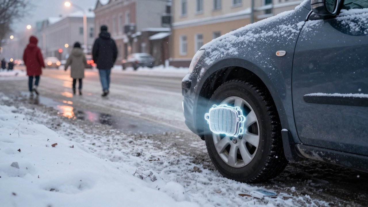 Зимняя сцена в российском городе: автомобиль с керамическими тормозами на засоленной дороге при тусклом свете уличных фонарей.