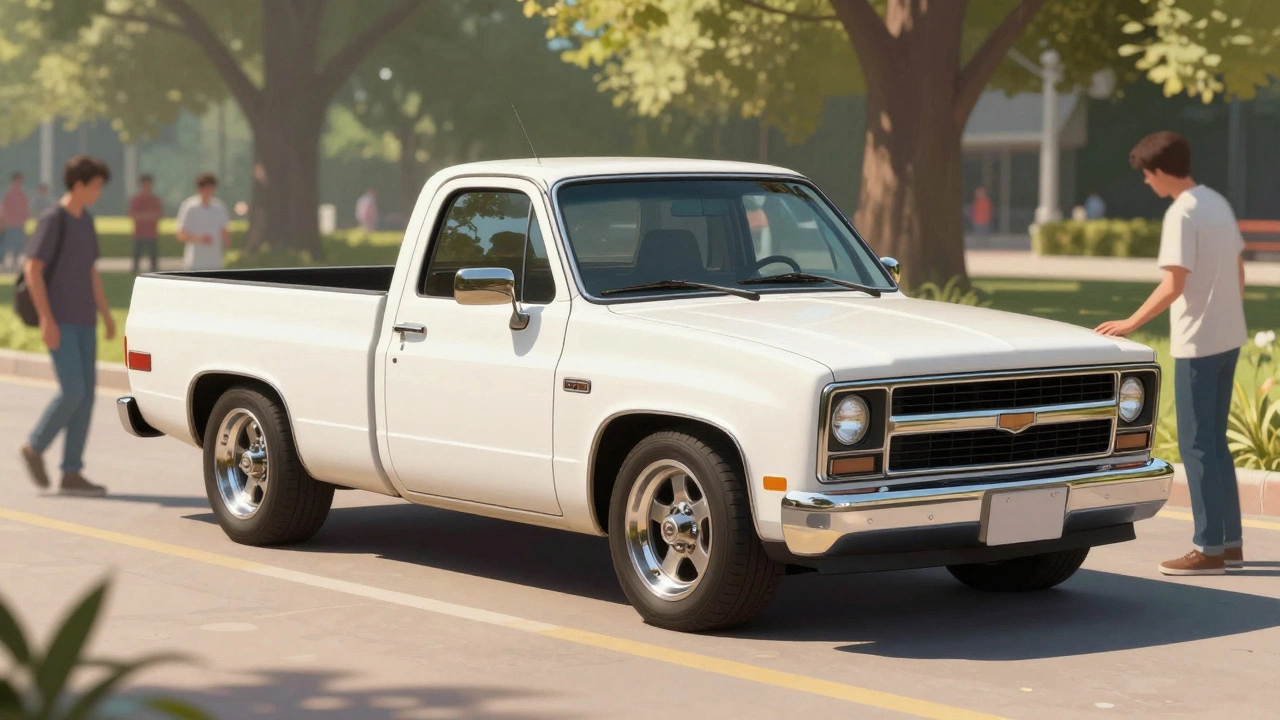 1970s Chevrolet C10 pickup in a Samara park, pristine white with chrome wheels, drawing quiet admiration from passersby.