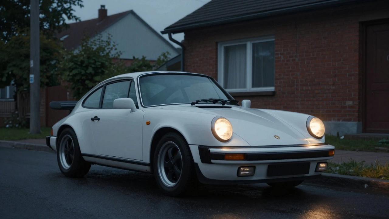 1989 Porsche 911 964 in Samara neighborhood at twilight, clean lines and round headlights glowing softly.