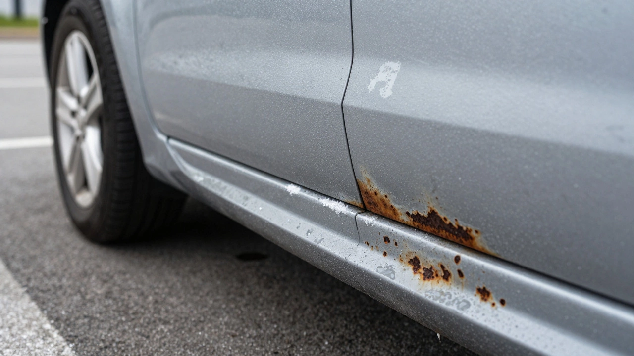 Детальный вид ржавчины на пороге и колесной арке с солевым налетом и влагой.
