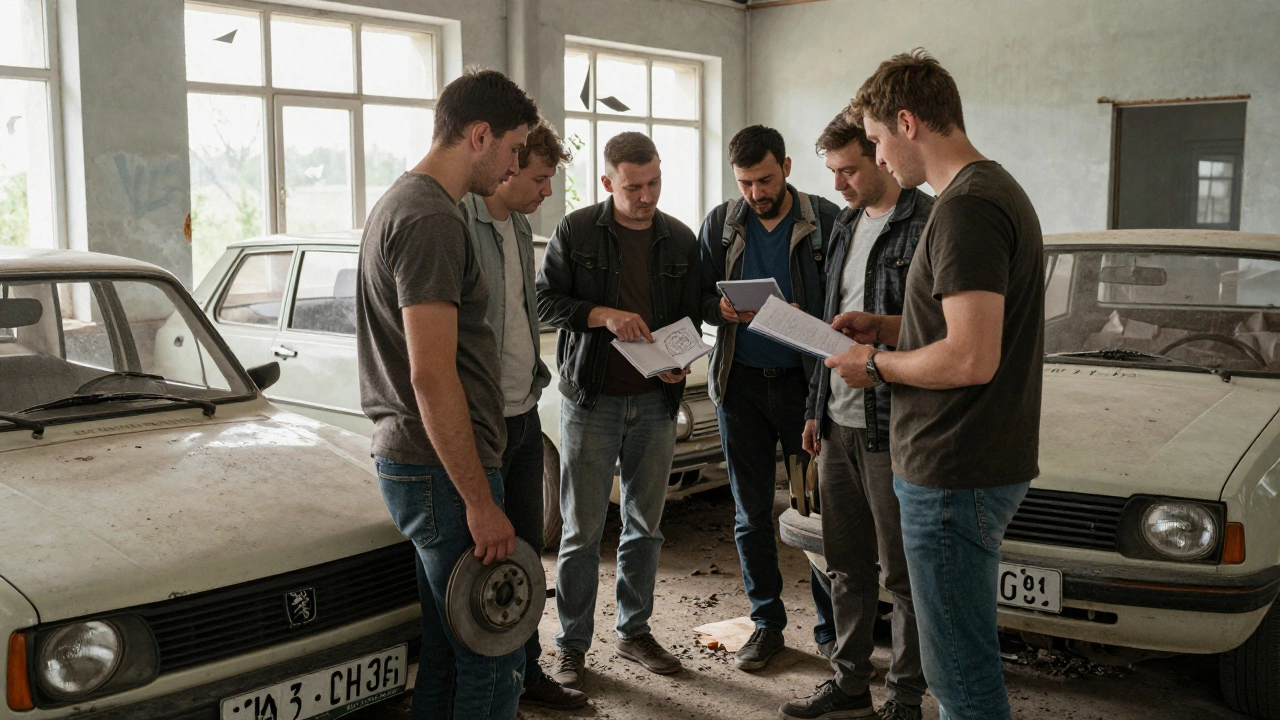 Группа энтузиастов обсуждает запчасти для старых автомобилей в заброшенном автосалоне.