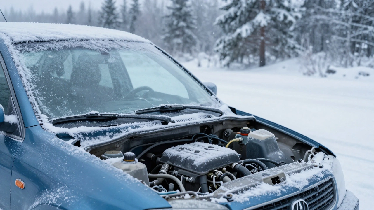 Машина в снежной Сибири с открытым капотом