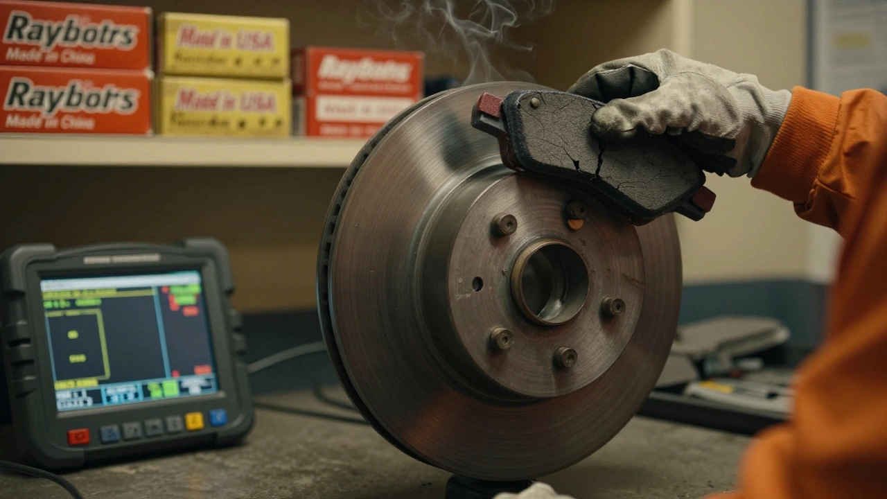 Механик держит потрескавшуюся тормозную колодку над деформированным диском, виден дым и следы перегрева.