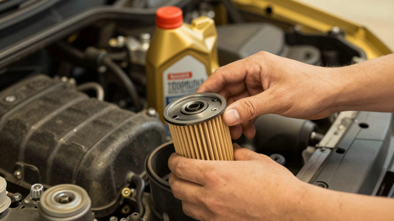 Механик меняет масляный фильтр в гараже