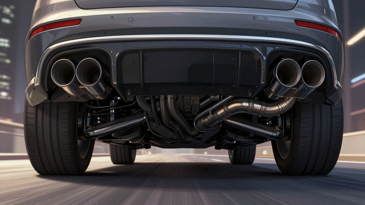 Нижняя часть автомобиля с полированным диффузором и аккуратными выхлопными трубами.
