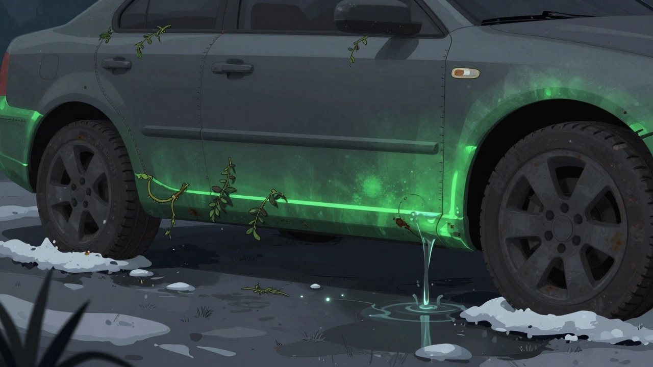 Под днищем машины — ржавчина против защитного покрытия, символизирующее борьбу с коррозией.