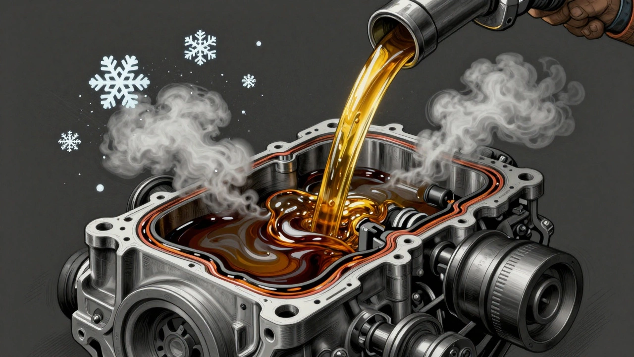 Разрез двигателя с потоками старого и нового масла, символизирующий влияние условий эксплуатации.