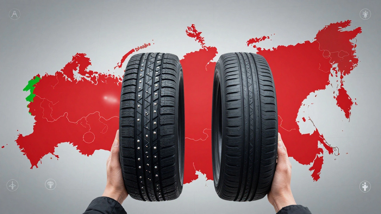 Рука держит два типа шин на карте России, показывая регионы, где лучше использовать шипы.