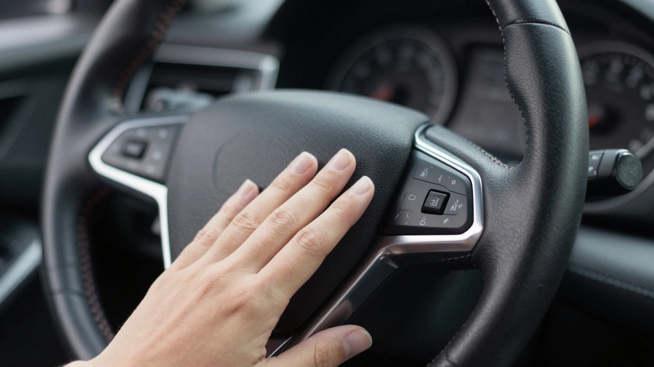 Рука касается идеально сшитого кожаного руля без логотипов и лишних деталей.