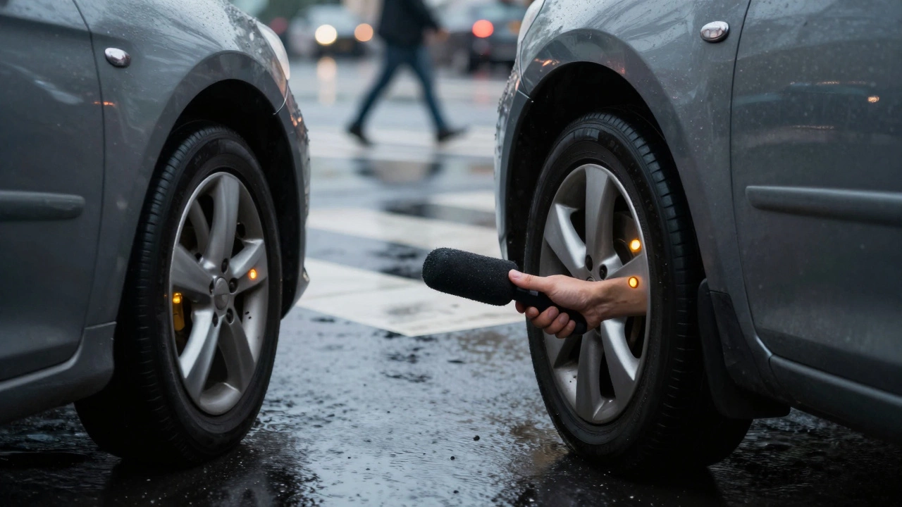 Рука водителя нажимает на мягкую тормозную педаль, машина медленно движется к пешеходному переходу в дождливом городе.