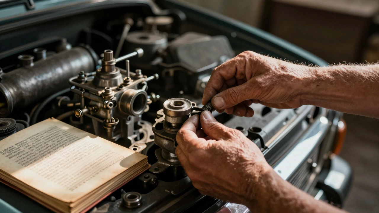 Руки мастера собирают реставрированную Волгу, рядом — оригинальные детали и руководство.