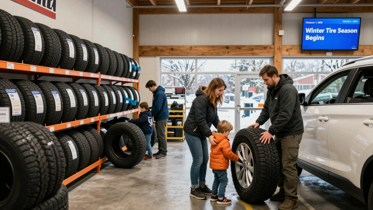 Семья загружает зимние шины на внедорожник в сервисе Canadian Tire, рабочие устанавливают шины, на фоне дата октября 2026 года.