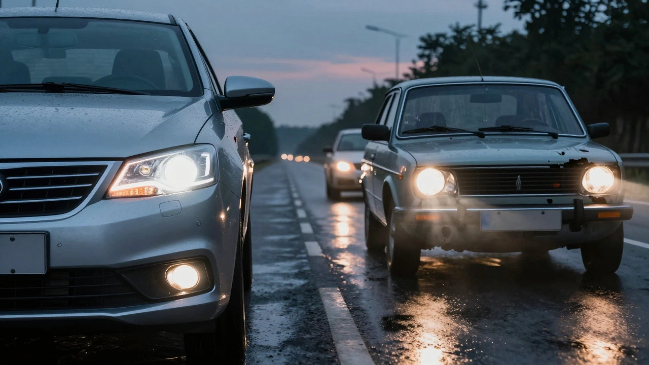 Сравнение заводских светодиодных фар и нелегальной замены: одна — чёткий свет, другая — ослепляющий блики.