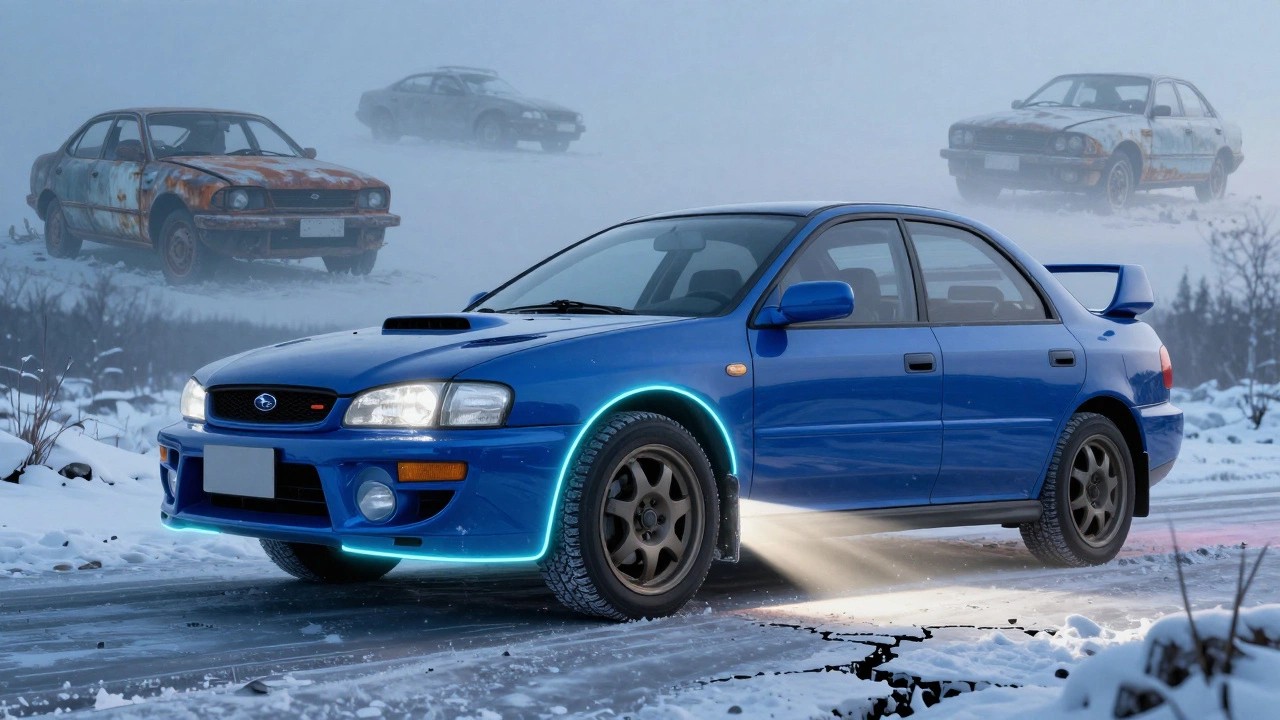 Subaru Impreza с защитным сиянием вокруг кузова, символизирующим стойкость к ржавчине в суровых условиях.