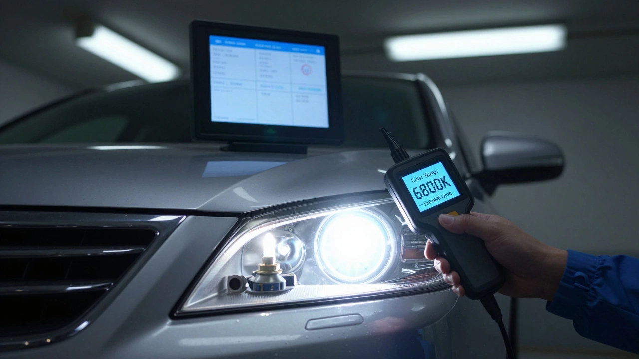 Техник измеряет яркость и цветовую температуру фары на техосмотре, на экране — превышение нормы.