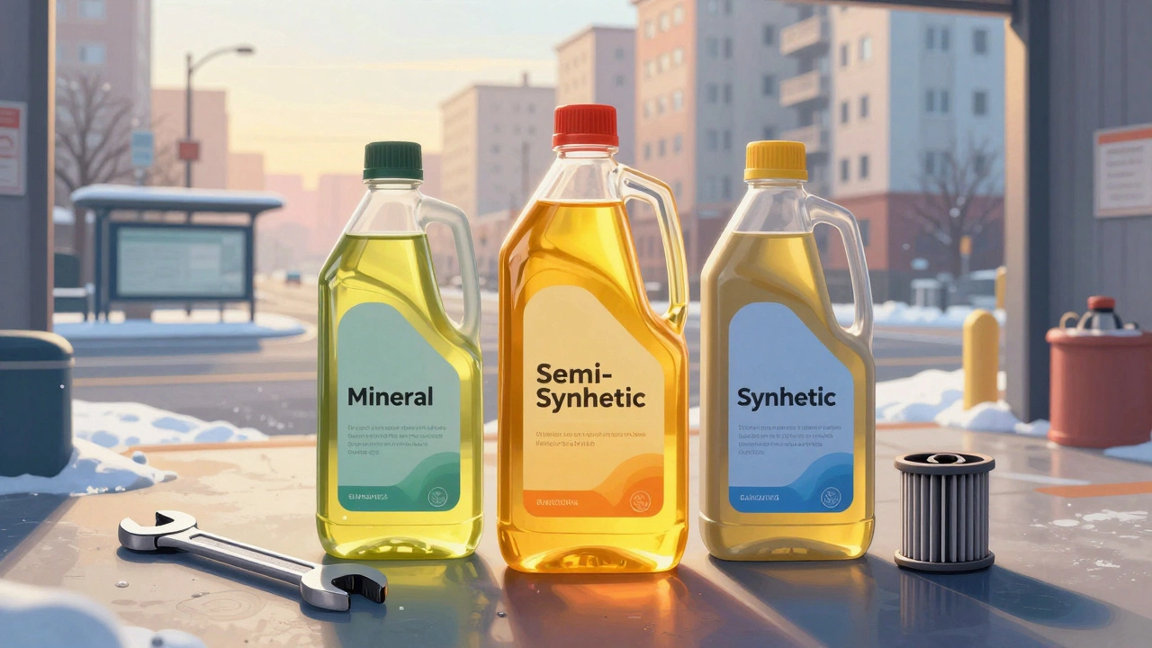 Три бутылки моторного масла на фоне городского пейзажа Самары, обозначающие разные типы масел.