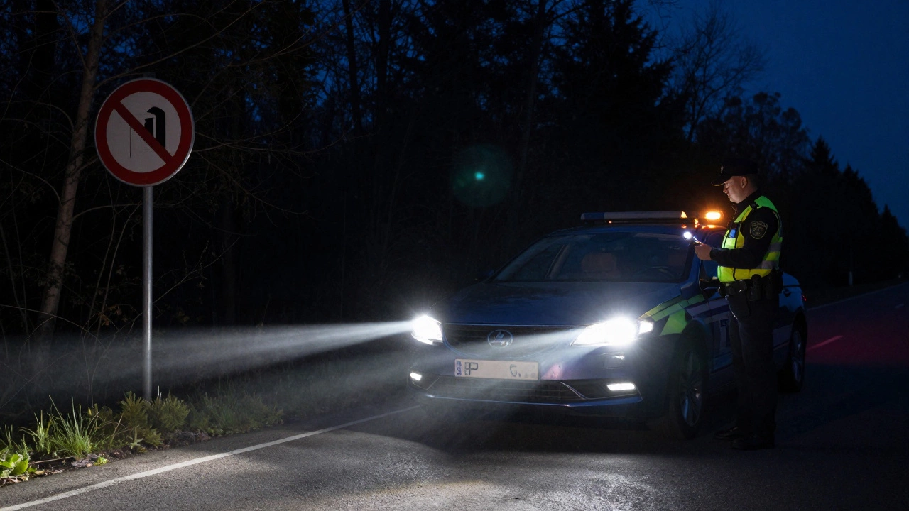 Автомобиль с LED-фарами H7 освещает дорогу в темноте, инспектор проверяет свет на соответствие стандартам.