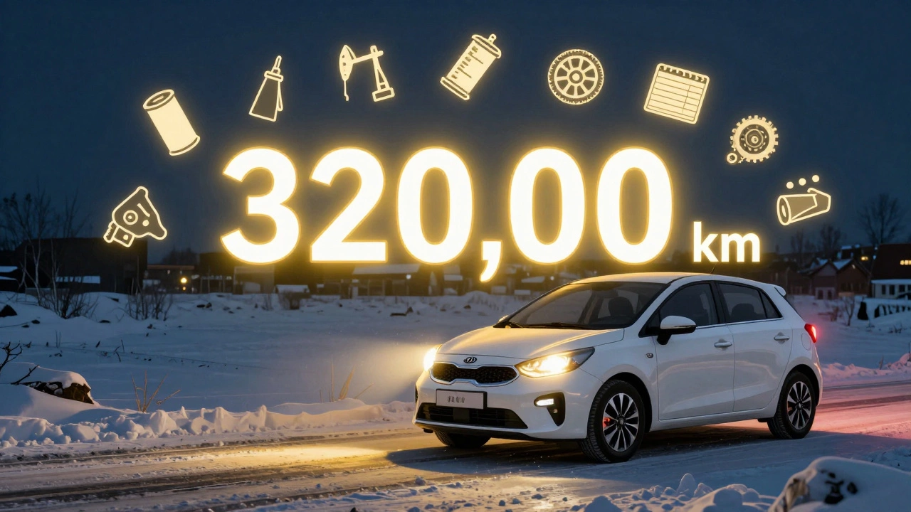 Дизельный Kia Rio на снежной дороге с подсвеченной цифровой меткой пробега 320 000 км и символами обслуживания.