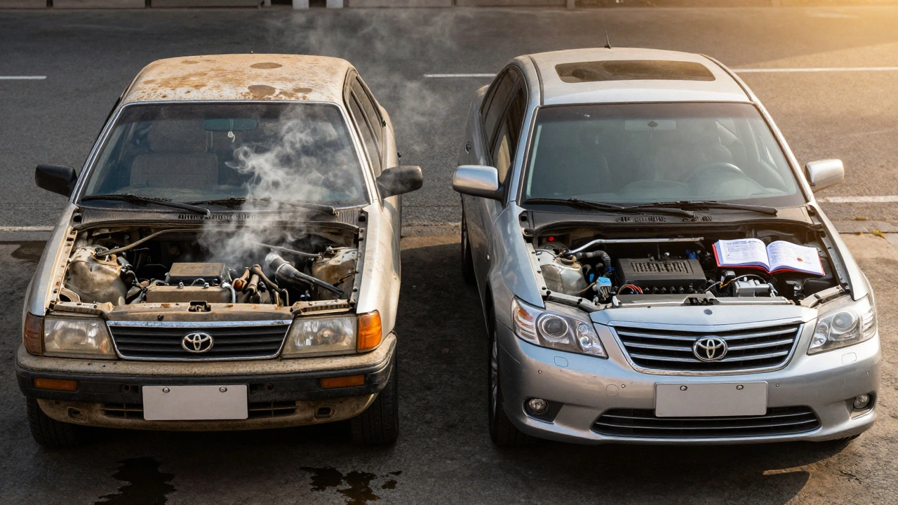 Два автомобиля рядом: один грязный и с дымом, другой чистый и с открытым сервисным журналом — контраст ухода.