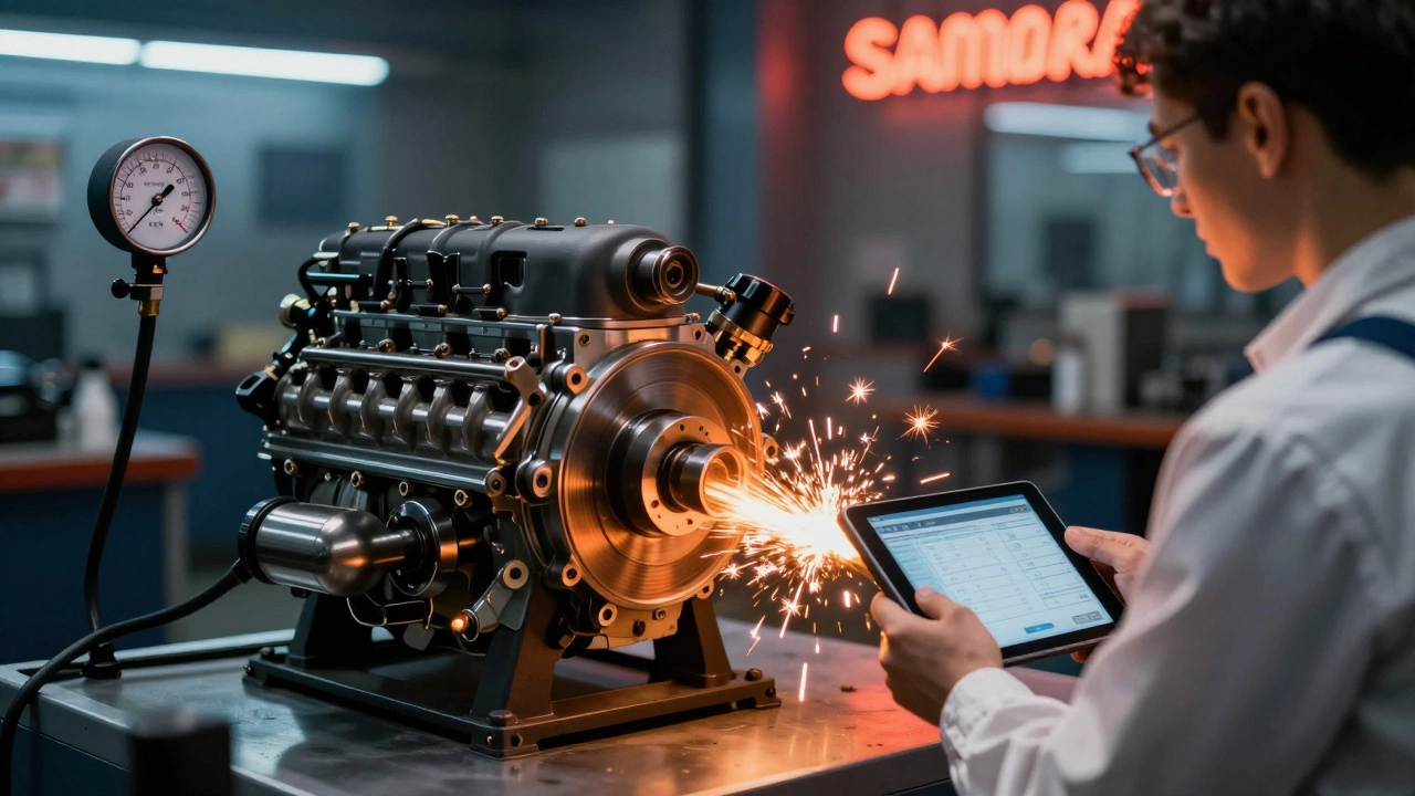 Двигатель на динамометре развивает 150 л.с., механик следит за показаниями приборов.