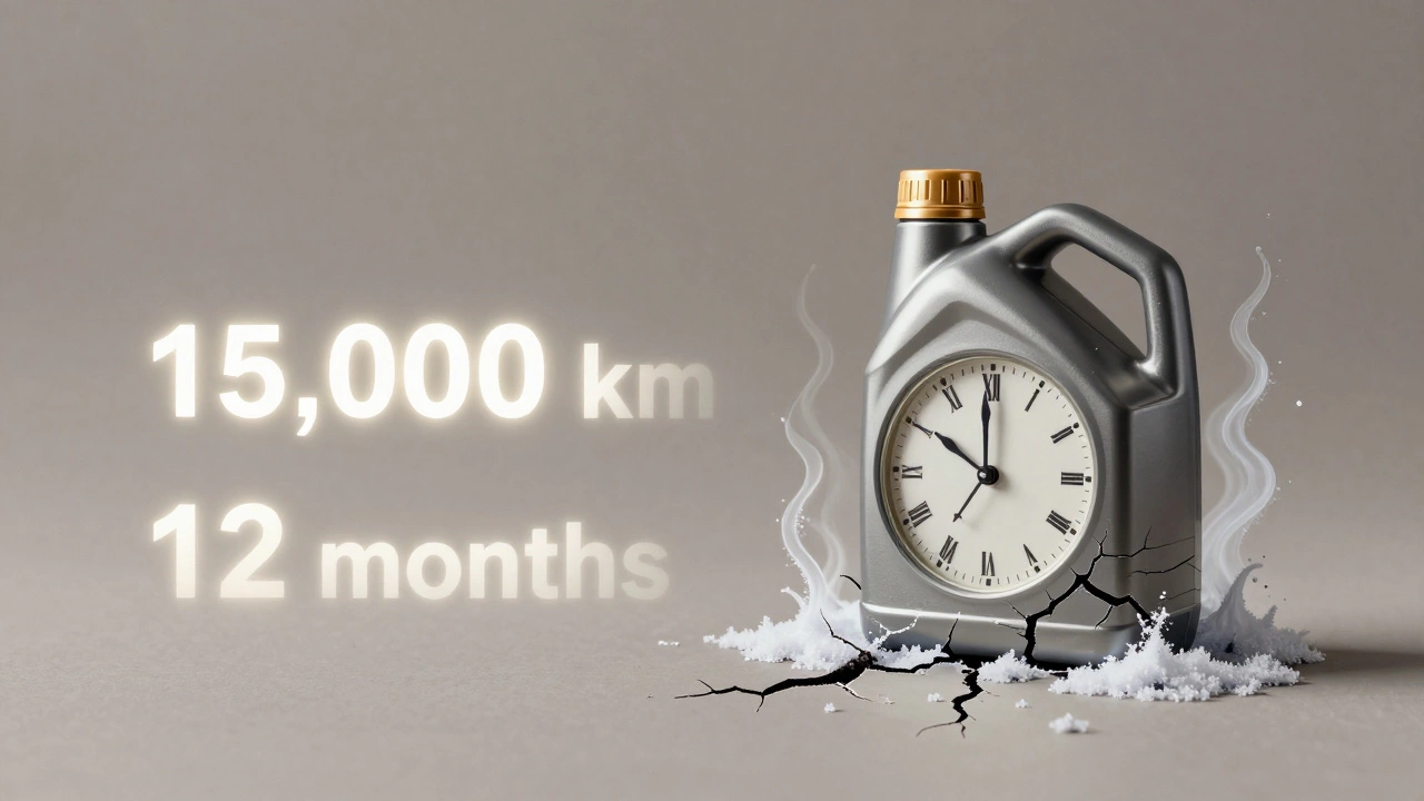 Календарь с отметками '12 месяцев' и '15 000 км', где время важнее пробега, рядом трескающаяся бутылка масла.