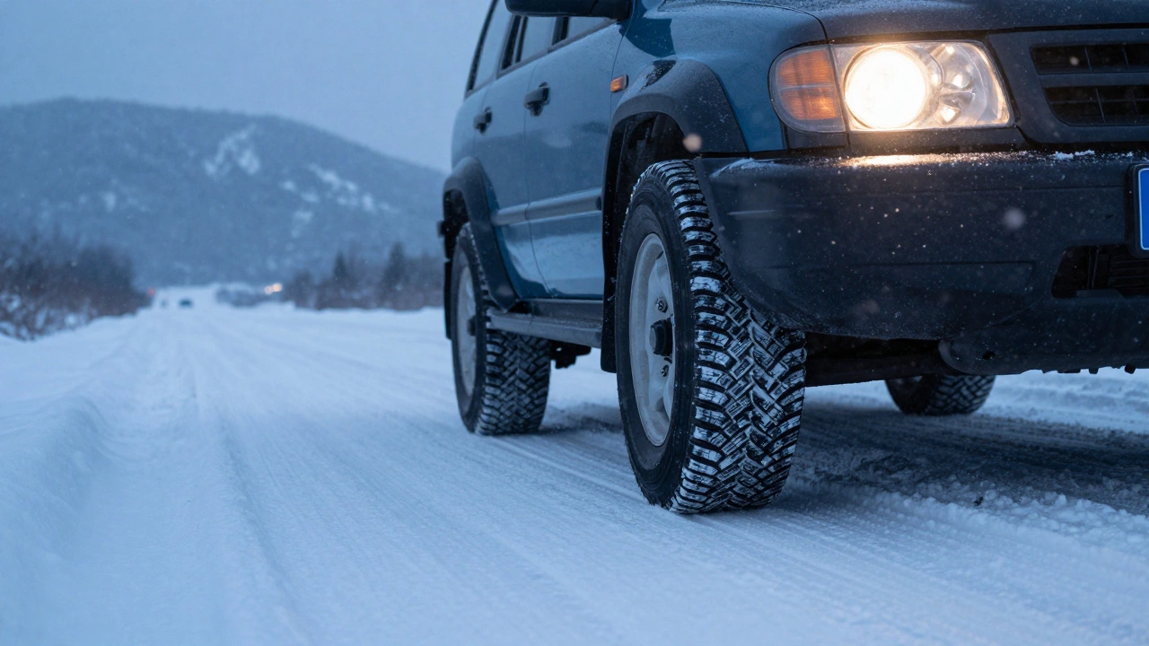 Машина едет по снегу на надежных всесезонных шинах.