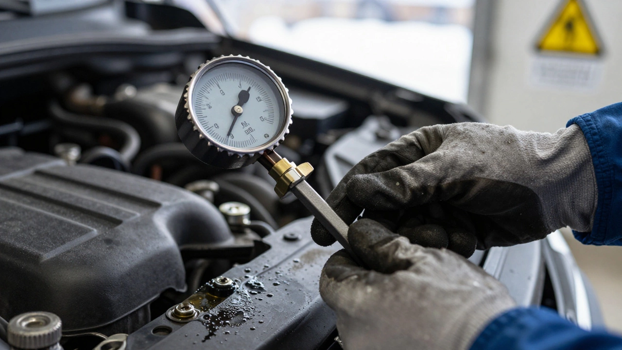 Механик измеряет натяжение ремня ГРМ с помощью динамометрического инструмента.