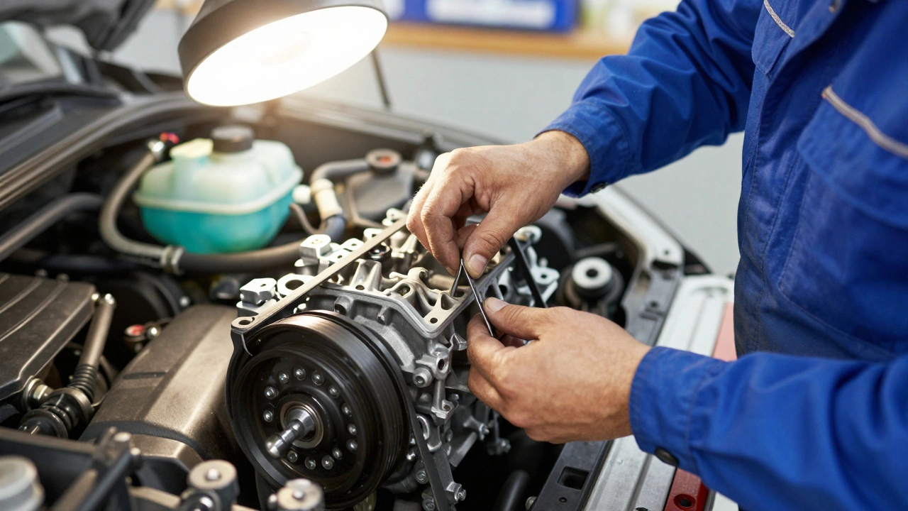 Механик меняет водяной насос и ремень ГРМ в автосервисе