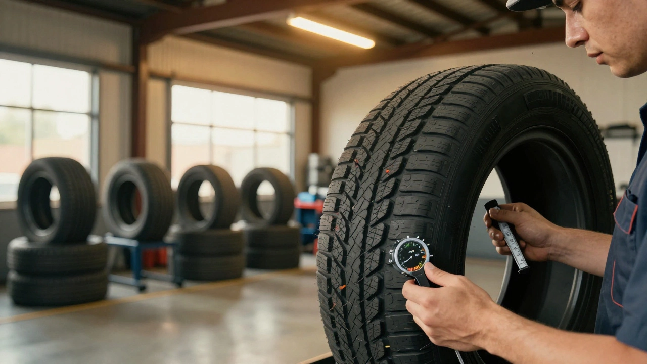 Механик проверяет глубину протектора шин в гараже