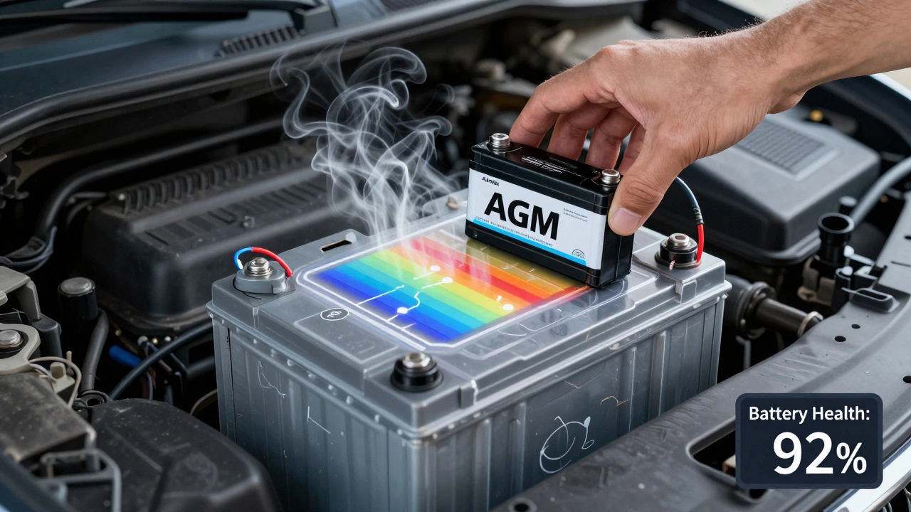 Новый AGM-аккумулятор устанавливается в машину, старый — выброшен, с температурной визуализацией.