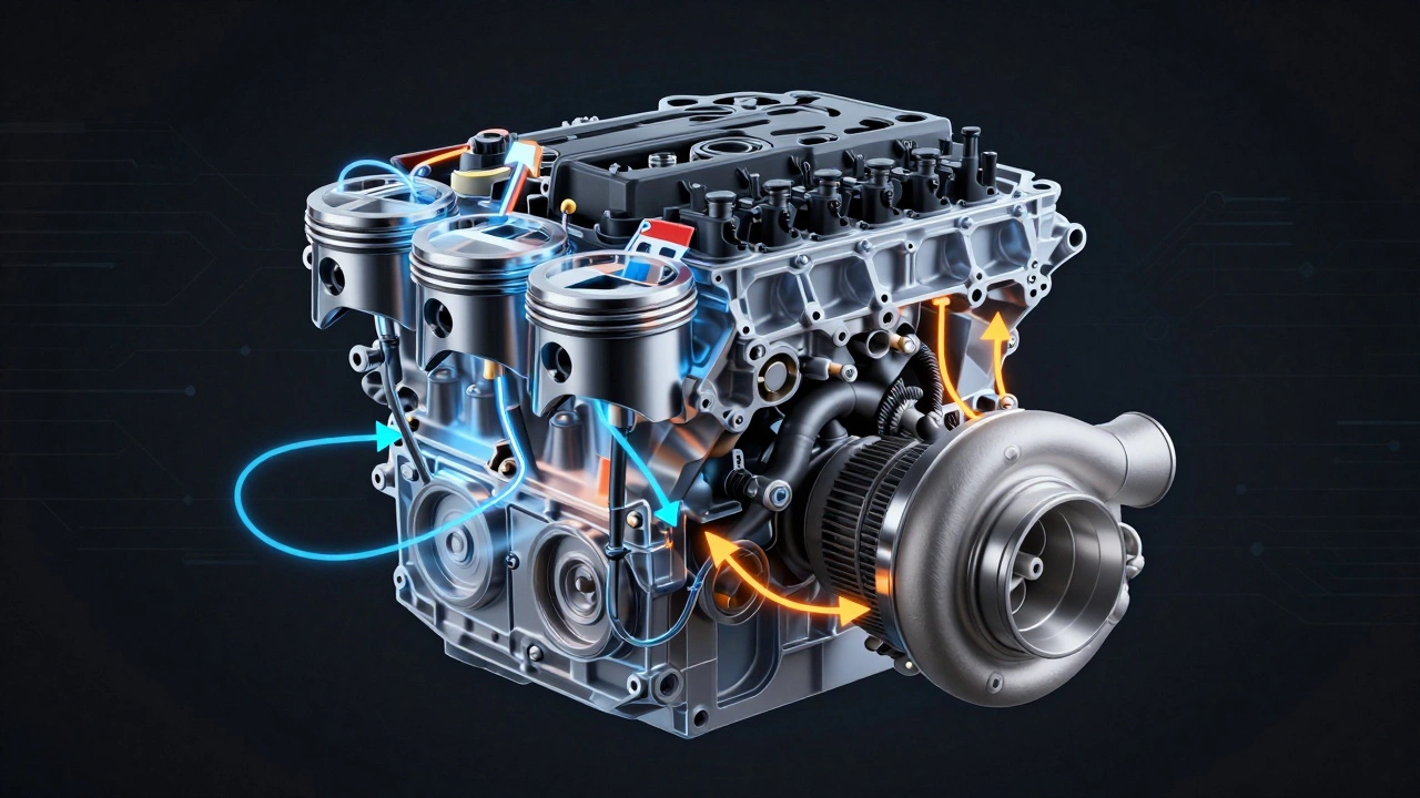 Прозрачный двигатель с визуализацией потоков воздуха, топлива и сигналов ЭБУ.