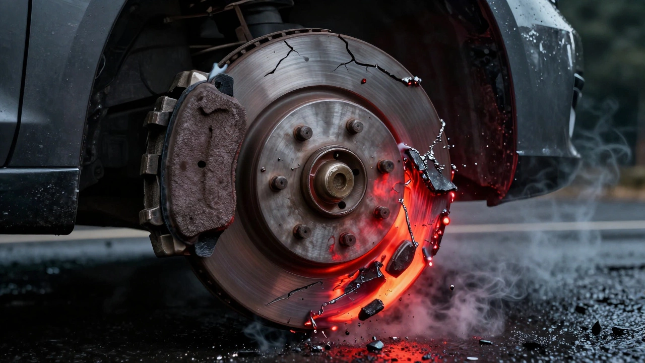 Расплавленный тормозной диск с трещинами и следами перегрева, крошатся изношенные колодки.